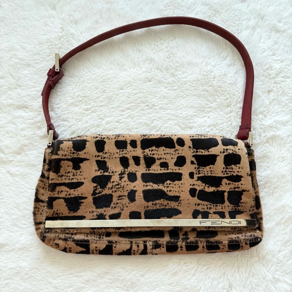 Fendi Brown Printed Pony Hair Baguette Black Beige Vintage 2000s Authentic - Picture 2 of 15
